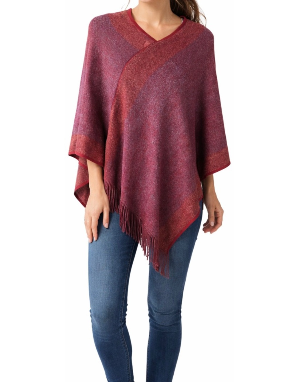 Riah Fashion Ultra Soft Two Tone Red Fringe Poncho (NWT) (Size: OSFM)